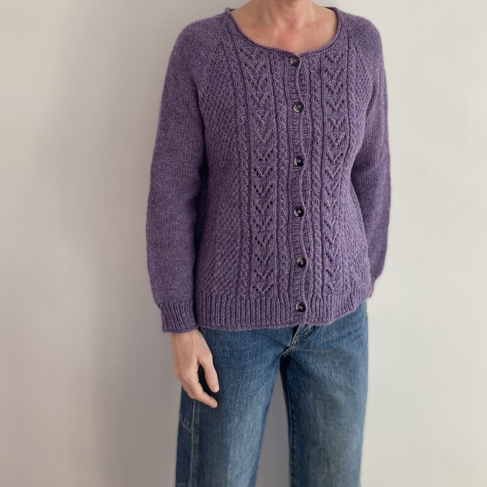 Vintage Lilac Wool Knit Cardigan | Handmade Cable Lace Sweater (M/L)